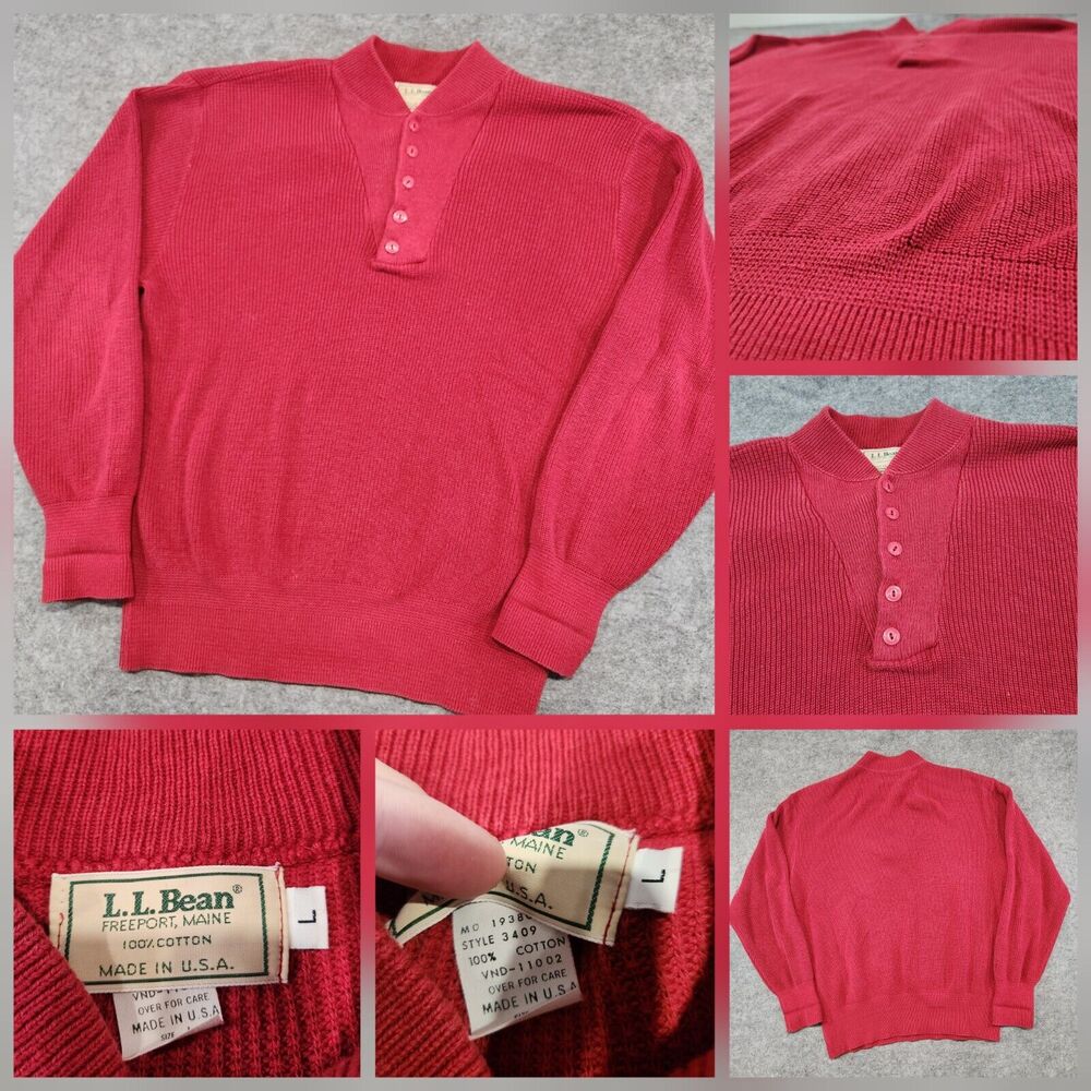 VTG 90s LL Bean Mens L Large USA Made Cotton Knit Henley Red Heavyweight Sweater